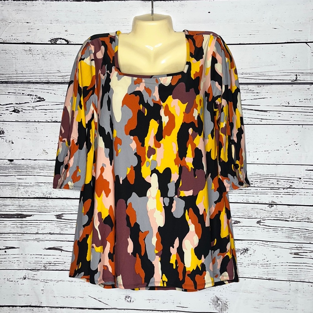 Attitudes by Renee NWT Sz MP Printed Cut-Out Sleeve Jersey Knit Tunic Blouse Top